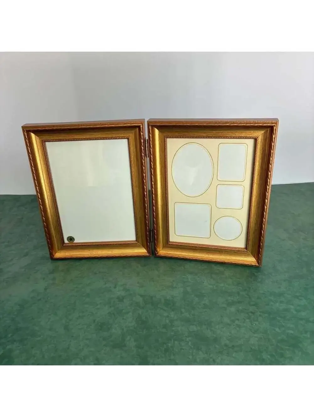 Vintage USA Wooden Hinged Double Collage Picture Frame Foldable Tabletop Gold